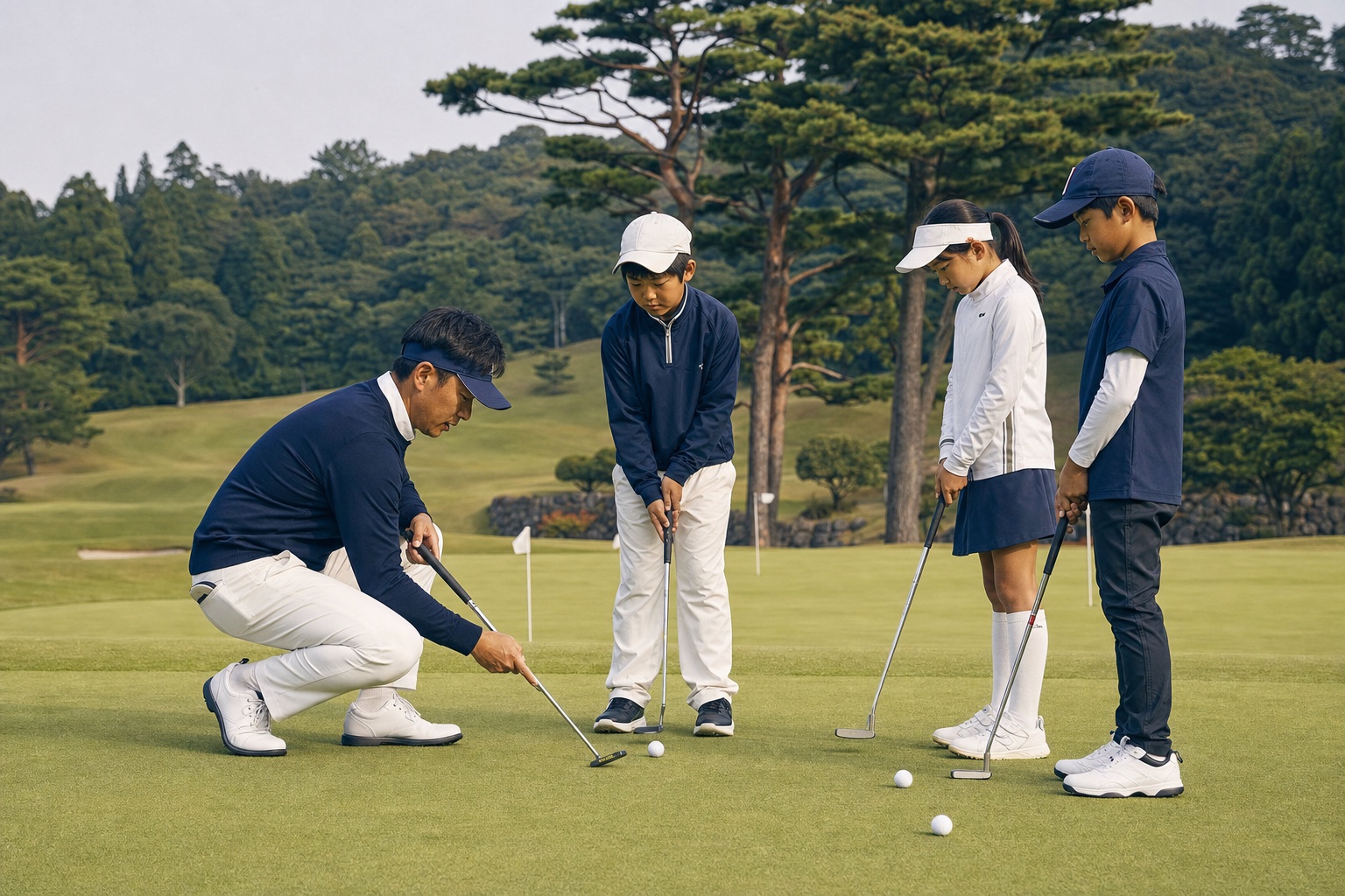 Japanese golf professional teaching Asia-Pacific junior golfers on a putting green
