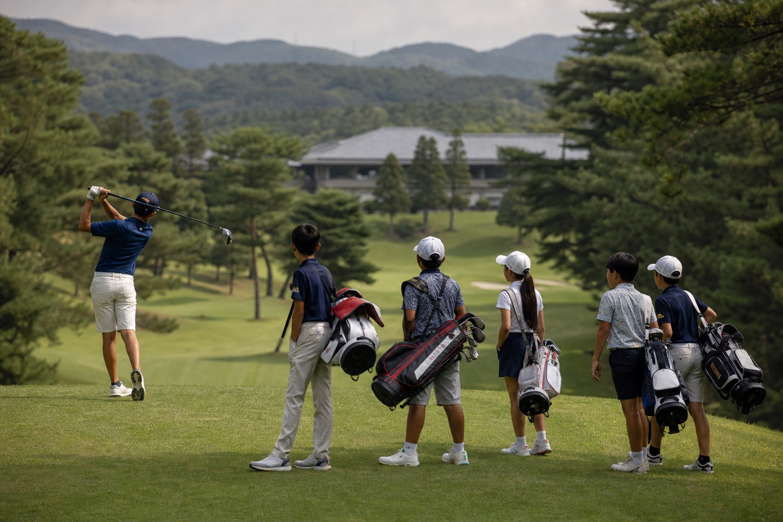 Asia-Pacific junior golfers competing on a Japanese parkland course